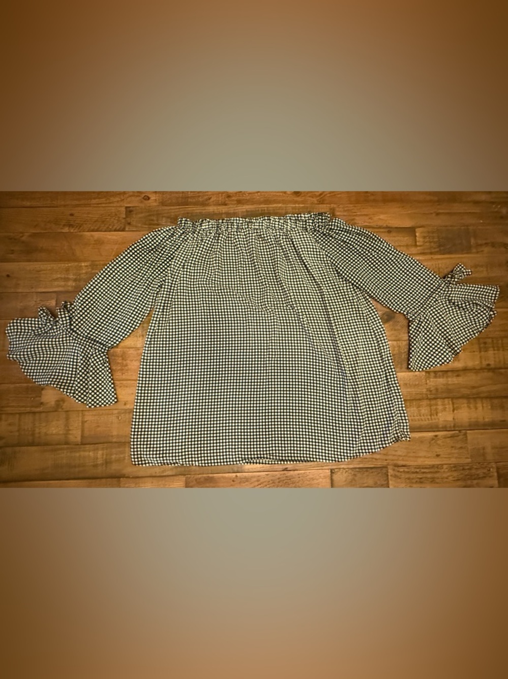Southern Stitch Black & White Gingham Off-Shoulder Top With Bell Sleeves